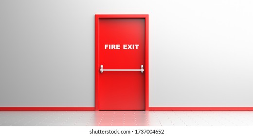 Fire Exit, Emergency Exit Door. Red Color Metal Door With Panic Bar And Fire Exit Sign In White Color Wall And Floor Background. Building Interior, Escape Route. 3d Illustration