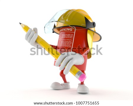 Fire extinguisher character holding pencil isolated on white background. 3d illustration