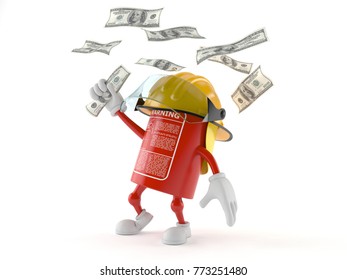 Fire Extinguisher Character With Money Isolated On White Background. 3d Illustration