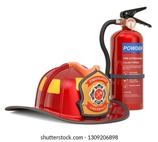 Fire Extinguisher With Firefighter Helmet Closeup, 3D Rendering Isolated On White Background