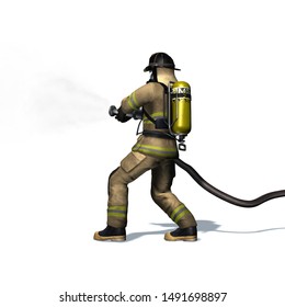 Fire Fighter With Water Hose - Isolated On White Background - 3D Illustration