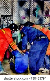 fire fighter,security guard joined basic fire fighting training with people,industrial employees,factory workers,sketch drawings,oil pastel,watercolor brush lined art painting colorful illustration
