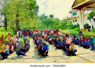 fire fighter,security guard joined basic fire fighting training with people,industrial employees,factory workers,sketch drawings,oil pastel,watercolor brush lined art painting colorful illustration