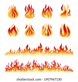 Fire Flames Isolated On White Background. Fire Borders. Cartoon Flame And Lights Icons