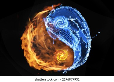Fire flames and water resembling Yin Yang symbol on black background. Feng Shui philosophy