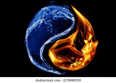 Fire flames and water splashes resembling Yin Yang symbol on black background. Feng Shui philosophy. 3D