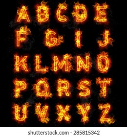 Fire font burning flaming text all letters of alphabet on black background