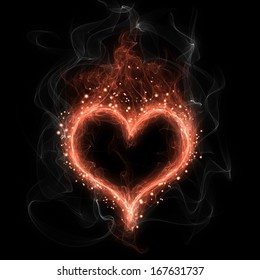 Fire heart on dark background, valentines day theme
