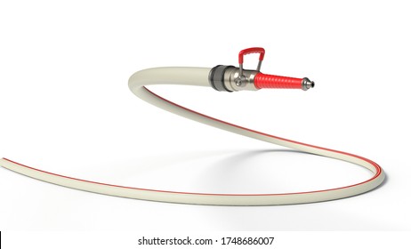 Fire Hose With Modern Nozzle. Posed Like Snake Isolated On White Background. 3d Illustration, Suitable For Firefighter, Fire And Hose Themes.