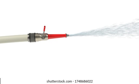 Fire Hose With Modern Nozzle Squirting Water. Isolated On White Background. 3d Illustration, Suitable For Firefighter, Fire And Hose Themes.