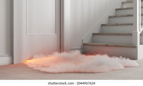 Fire in the house with smoke under the door from a burning room (3d rendering)