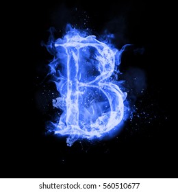 Fire Letter B Of Burning Blue Flame. Flaming Burn Font Or Bonfire Alphabet Text With Sizzling Smoke And Fiery Or Blazing Shining Heat Effect. Incandescent Cold Fire Glow On Black Background