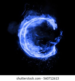 Fire Letter C Of Burning Blue Flame. Flaming Burn Font Or Bonfire Alphabet Text With Sizzling Smoke And Fiery Or Blazing Shining Heat Effect. Incandescent Cold Fire Glow On Black Background