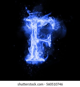 Fire letter F of burning blue flame. Flaming burn font or bonfire alphabet text with sizzling smoke and fiery or blazing shining heat effect. Incandescent cold fire glow on black background