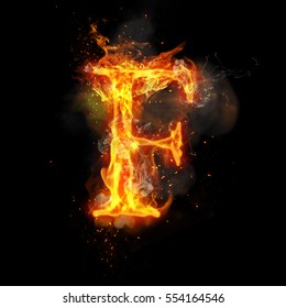 Fire letter F of burning flame. Flaming burn font or bonfire alphabet text with sizzling smoke and fiery or blazing shining heat effect. Incandescent hot red fire glow on black background.