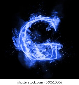 Fire Letter G Of Burning Blue Flame. Flaming Burn Font Or Bonfire Alphabet Text With Sizzling Smoke And Fiery Or Blazing Shining Heat Effect. Incandescent Cold Fire Glow On Black Background