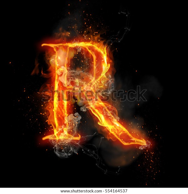 炎の火の文字r 炎の燃えるフォントまたは焚き書きのアルファベットのテキスト 煙や炎のように輝く熱効果を持ちます 黒い背景に白熱した赤い火が光る の イラスト素材