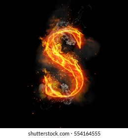 Fire letter S of burning flame. Flaming burn font or bonfire alphabet text with sizzling smoke and fiery or blazing shining heat effect. Incandescent hot red fire glow on black background.
