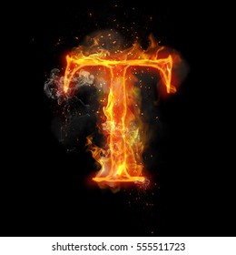 Fire letter T of burning flame. Flaming burn font or bonfire alphabet text with sizzling smoke and fiery or blazing shining heat effect. Incandescent hot red fire glow on black background.