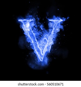 Fire Letter V Of Burning Blue Flame. Flaming Burn Font Or Bonfire Alphabet Text With Sizzling Smoke And Fiery Or Blazing Shining Heat Effect. Incandescent Cold Fire Glow On Black Background