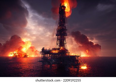 Fire On Oil Platform In Open Sea At Night