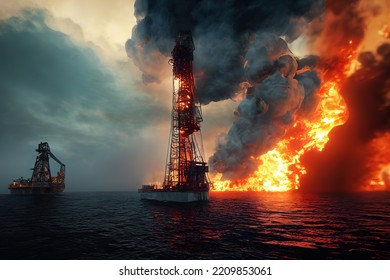 Fire On Oil Platform In Open Sea At Night