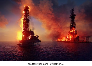 Fire On Oil Platform In Open Sea At Night