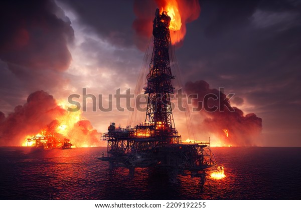 Fire on Oil Platform\
in Open Sea at\
Night