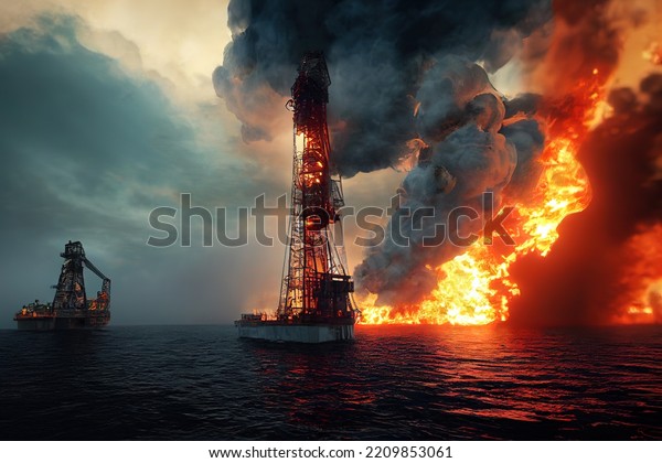 Fire on Oil Platform\
in Open Sea at\
Night