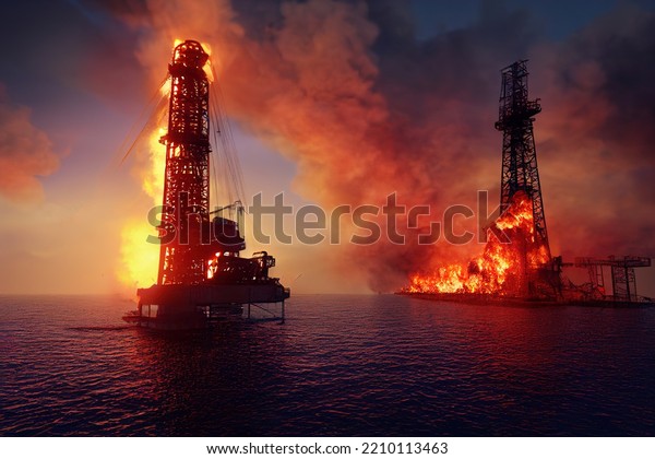 Fire on Oil Platform
in Open Sea at
Night
