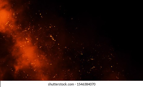 Fire Particles Effect Dust Debris Isolated On Black Background, Motion Powder Spray Burst.