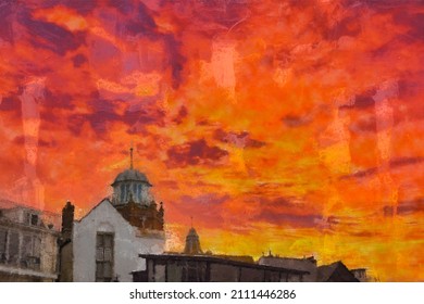 Fire Red Skies Above The Fishing Town Of Lyme Regis In England Digital Ink Pen And Oil Painting For Canvas Prints