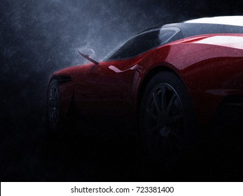 Fire Red Sports Car In The Rain - Rear Wheel Closeup Shot - 3D Illustration