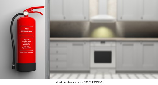 Fire Safety, Red Fire Extinguisher On Wall, Blur House Kitchen Background. 3d Illustration