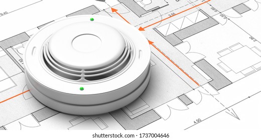 Fire safety system, emergency evacuation plan. Smoke detector on blueprint drawing background. Fire alert device. 3d illustration