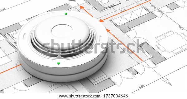Fire safety system, emergency evacuation\
plan. Smoke detector on blueprint drawing background. Fire alert\
device. 3d\
illustration