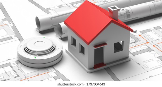 Fire safety system  home emergency evacuation  Smoke detector   small house blueprint drawing background  Domestic fire protection  3d illustration