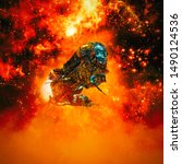 Fire in the sky / 3D illustration of science fiction scene with heavy armoured battle cruiser spaceship flying in fiery galaxy