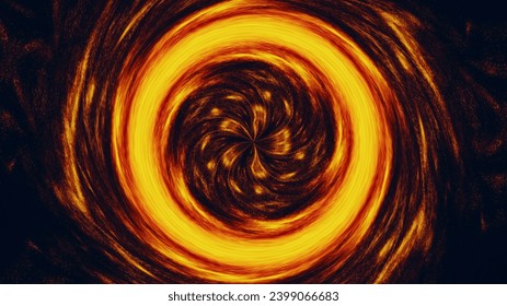 Fire swirl. Burning vortex. Glitter orange red golden sparks flame round whirl spinning on dark black abstract illustration background.