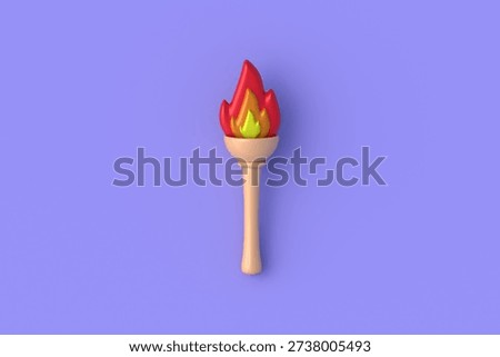 Fire torch on violet background. Ancient lamp. Vintage flambeau. Top view. 3d render
