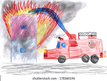 Fire Truck Rescues Burning House. Child Drawing