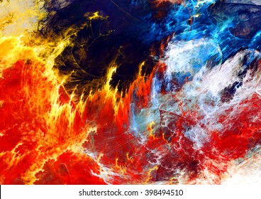 Fire And Water. Abstract Red And Blue Painting Texture. Abstract Warm Background. Modern Futuristic Vibrant Fiery Pattern. Bright Flame Dynamic Background. Fractal Artwork For Creative Graphic Design