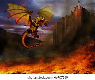 Firebreathing Dragon Flying Around Castle Around Stock Illustration 66707869