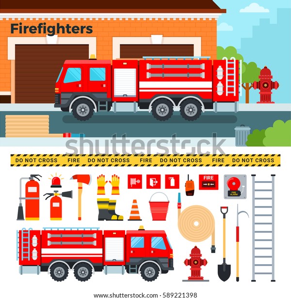 Fire-engine flat\
illustrations. Firefighters truck standing on the street. Emergency\
concept. Fire-engine, harmer, tube, stairs, other fire equipment\
isolated on white\
background