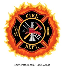 Firefighter Cross With Flames is an illustration of a fire department or firefighter Maltese cross symbol with flames. Includes firefighter tools symbol.