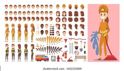 Firefighter Female Character In Uniform Set Or Kit For Animation With Various Views, Hairstyle, Emotion, Pose And Gesture. Different Emergency Equipment. Isolated Flat  Illustration