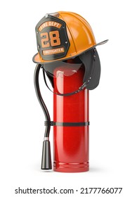 Firefighter Helmet On A Fire Extinguisher Isolated On White. 3d Illustration