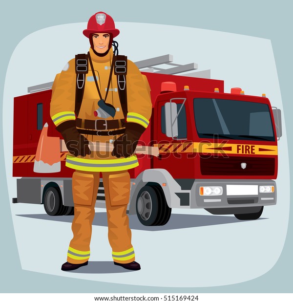 Firefighter, man from fire brigade, standing\
full face in form of fireman, with personal protective equipment,\
bunker or turnout gear. In the background a fire truck. Raster\
version of\
illustration
