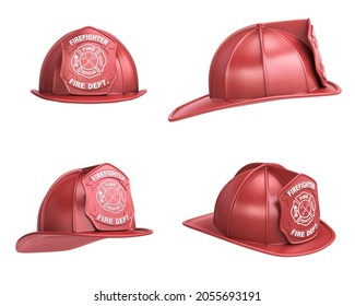 Firefighter Red Helmet On White Background Various Views 3d Rendering