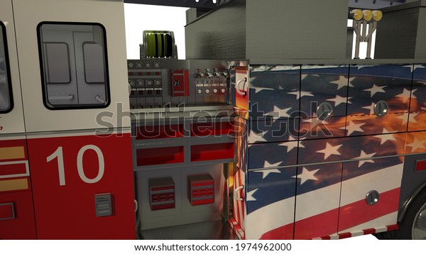 Firefighter truck isolated on a white\
background 3 d\
rendering